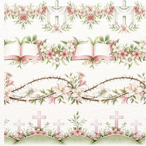May include: Watercolor illustrations featuring religious symbols and floral arrangements. The designs include a cross with a draped cloth, an open book, a crown of thorns, and crosses on a hill, all adorned with pink and white flowers and green foliage.