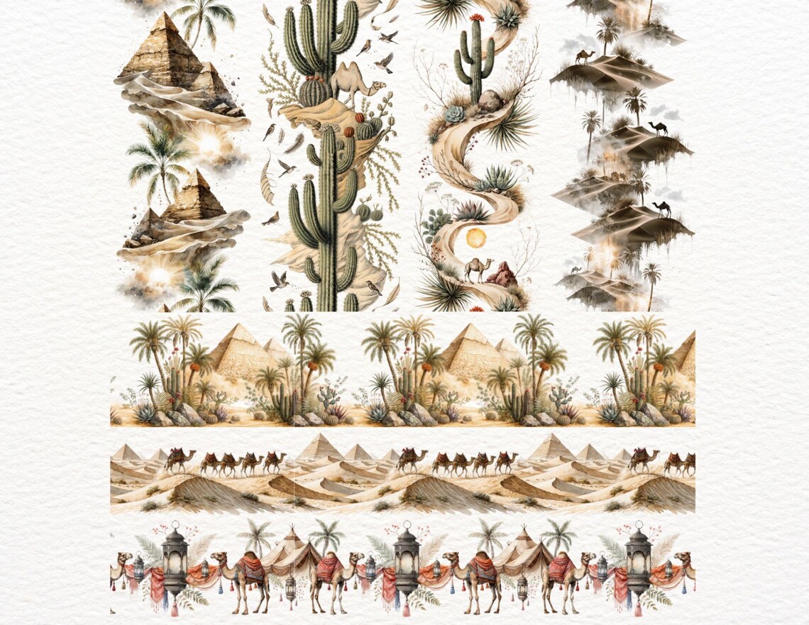 24 Desert Seamless Borders Clipart | Egypt Pyramids Camel Oasis PNG ...