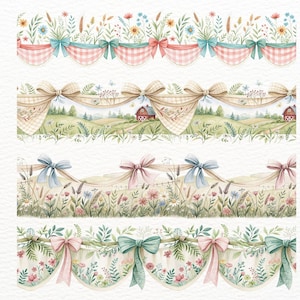 15 Rustika Sömlösa Kanter Clipart | Blomsterlandskap och Rosetter Kontinuerliga Kanter PNG | Utskrivbar Design i Lantlig Stil