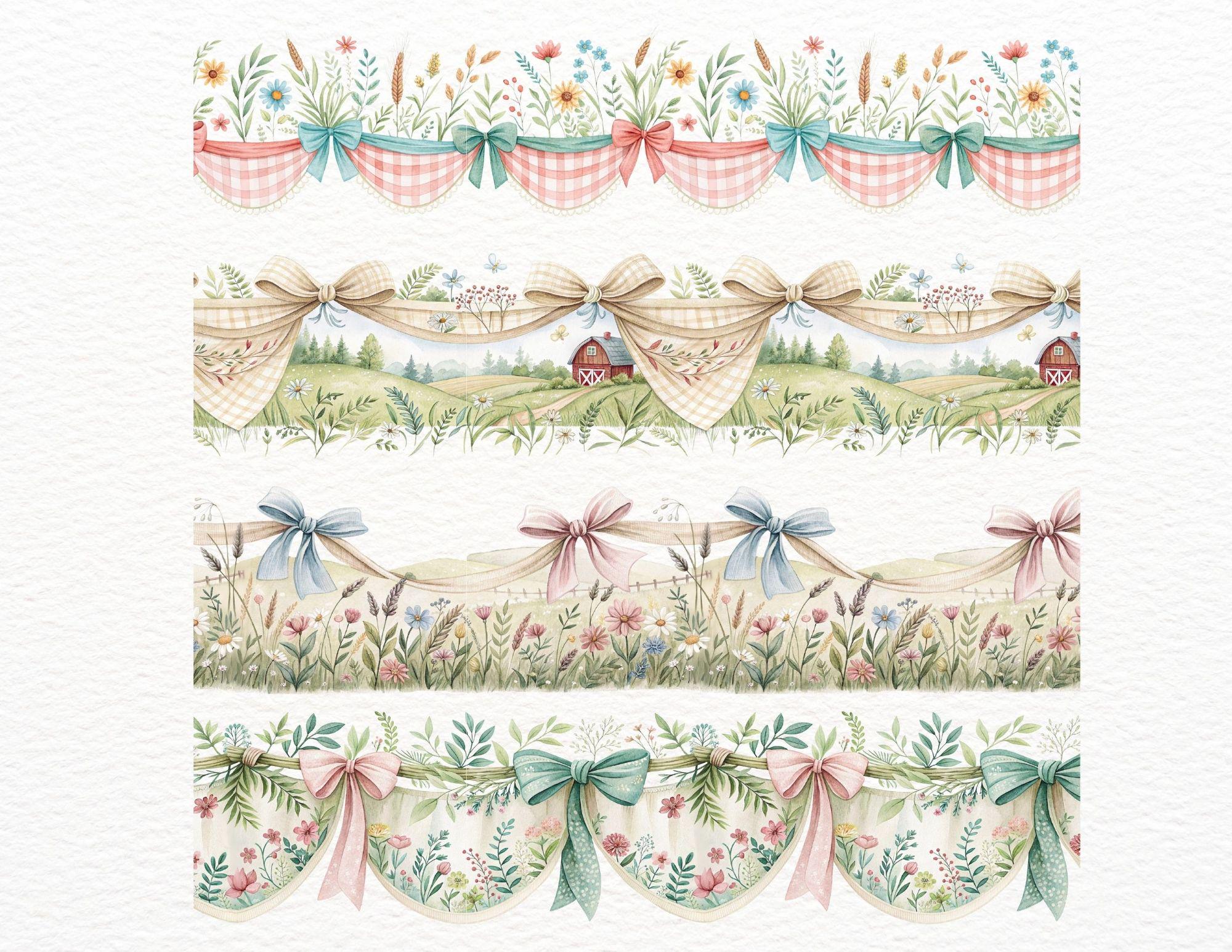 15 Rustic Seamless Border Clipart | Floral Landscapes & Bows Continuous ...