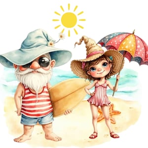 Letni gnom plażowy Clipart – 22 urocze morskie krasnale PNG, akwarelowa ilustracja krasnala, cyfrowy krasnal plażowy, krasnal z muszlą