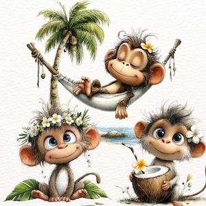 Può includere: Illustrazione di tre scimmie dei cartoni animati che si godono una scena di spiaggia tropicale. Una scimmia si rilassa in un'amaca sotto una palma, mentre le altre tengono una noce di cocco e indossano corone di fiori. Le scimmie hanno pelo marrone e grandi occhi.