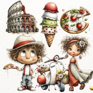 Italiensk Clipart PNG | 28 söta Italien-illustrationer | Colosseum Pizza Vin Akvarell Clipart för utskrift, inbjudningar och planerare