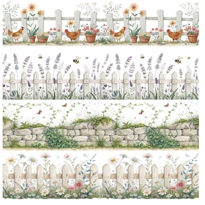 Bordures de clôture florales sans couture – 30 cliparts aquarelles, style campagnard fantaisiste, bordure fleurie infinie, bordure cottagecore