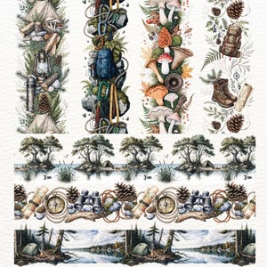 May include: Watercolor illustrations of camping and outdoor adventure elements. The designs include tents, backpacks, mushrooms, pine cones, compasses, binoculars, and trees. The color palette features greens, browns, and blues, creating a natural and rustic aesthetic.