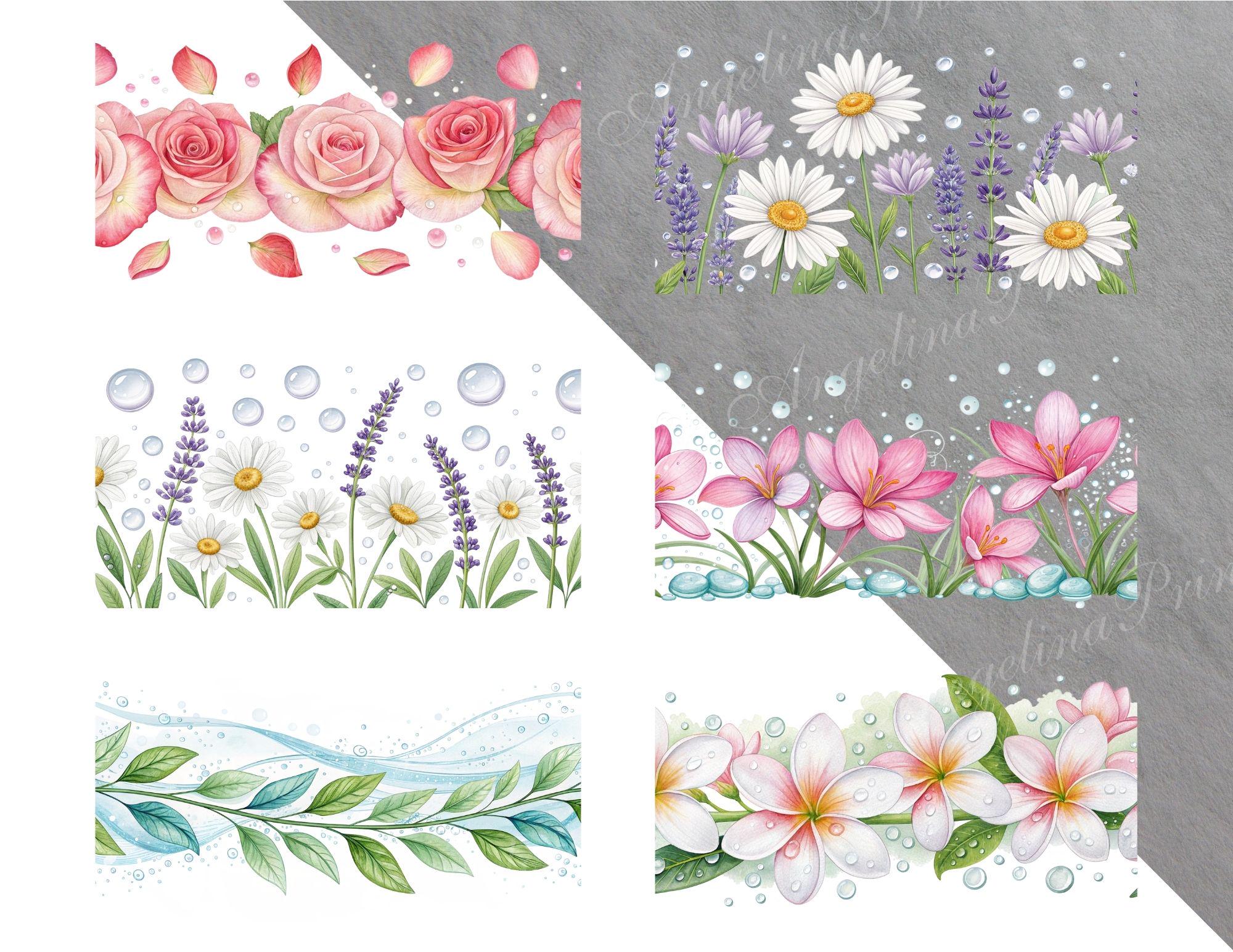 17 Seamless Floral Borders, Water Droplets and Dew Illustration, Flower ...