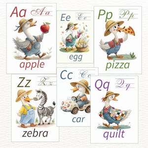 May include: Set of six watercolor alphabet flashcards. Each card features a cartoon goose wearing overalls and a straw hat. The cards display the letters A, E, P, Z, C, and Q, along with corresponding words: apple, egg, pizza, zebra, car, and quilt.