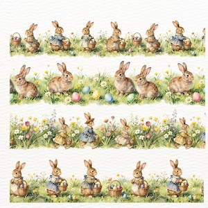 Könnte beinhalten: Aquarellillustration von Osterhasen in verschiedenen Posen. Einige Hasen tragen Körbe mit Eiern, andere befinden sich auf einer Wiese mit Gras und Blumen. Die Hasen tragen verschiedene Outfits.