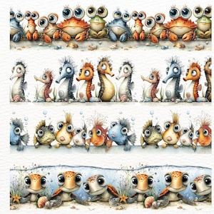 May include: Watercolor illustrations of various sea creatures, including crabs, seahorses, and turtles. The creatures have large eyes and are arranged in rows, creating a whimsical and colorful design. The artwork has a playful and cartoonish style.