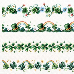 May include: Four decorative border designs featuring St. Patrick's Day themes. Designs include shamrocks, rainbows, leprechaun hats, and floral elements in green, blue, and red. The borders are set against a white background.