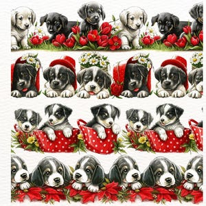 May include: A repeating pattern of adorable puppies in various poses. Some puppies are nestled among red flowers, while others peek out from red polka-dotted containers. The puppies have black, white, and tan fur.