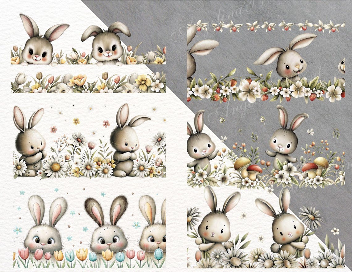 Flower Rabbit Border 11 Seamless Bunny Borders Clipart | Cute Baby Rabbits in Flowers ...