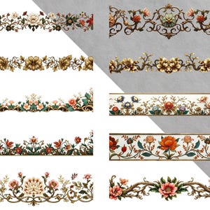 May include: A collection of decorative floral border designs. Each design features detailed illustrations of flowers, leaves, and ornate scrollwork in various color palettes, including gold, red, and green. The borders are suitable for various craft and design projects.