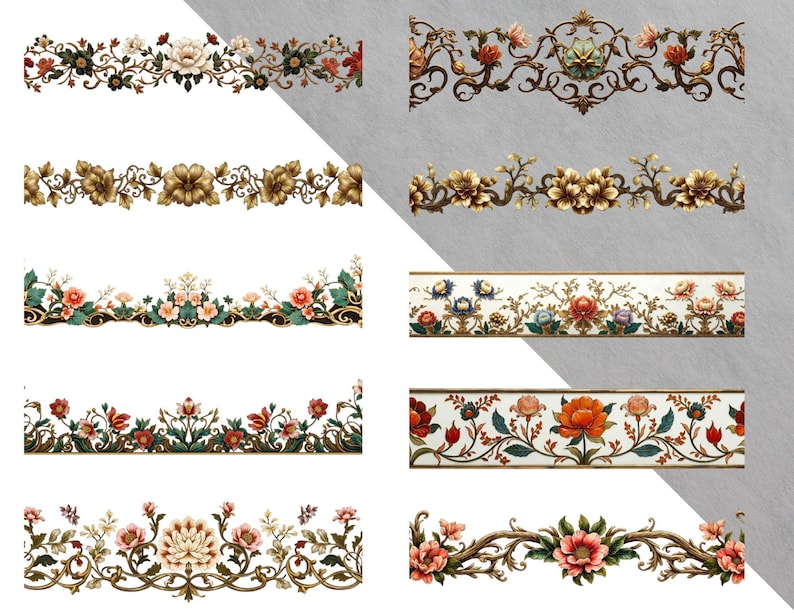 May include: A collection of decorative floral border designs. Each design features detailed illustrations of flowers, leaves, and ornate scrollwork in various color palettes, including gold, red, and green. The borders are suitable for various craft and design projects.