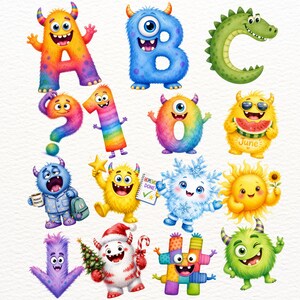 May include: A collection of colorful monster-themed illustrations featuring letters A, B, and C, numbers 1 and 0, a question mark, and various creatures. One monster holds a watermelon, another a mug labeled "Monday Monster", and one holds a "Homework Done" sign.