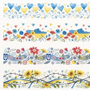Op de afbeelding: Waterverfillustraties van Oekraïense thema-randen. Ontwerpen omvatten blauwe en gele harten, bloemmotieven met klaprozen en zonnebloemen, een kaartomtrek en prikkeldraad met linten. De randen staan op een witte achtergrond.