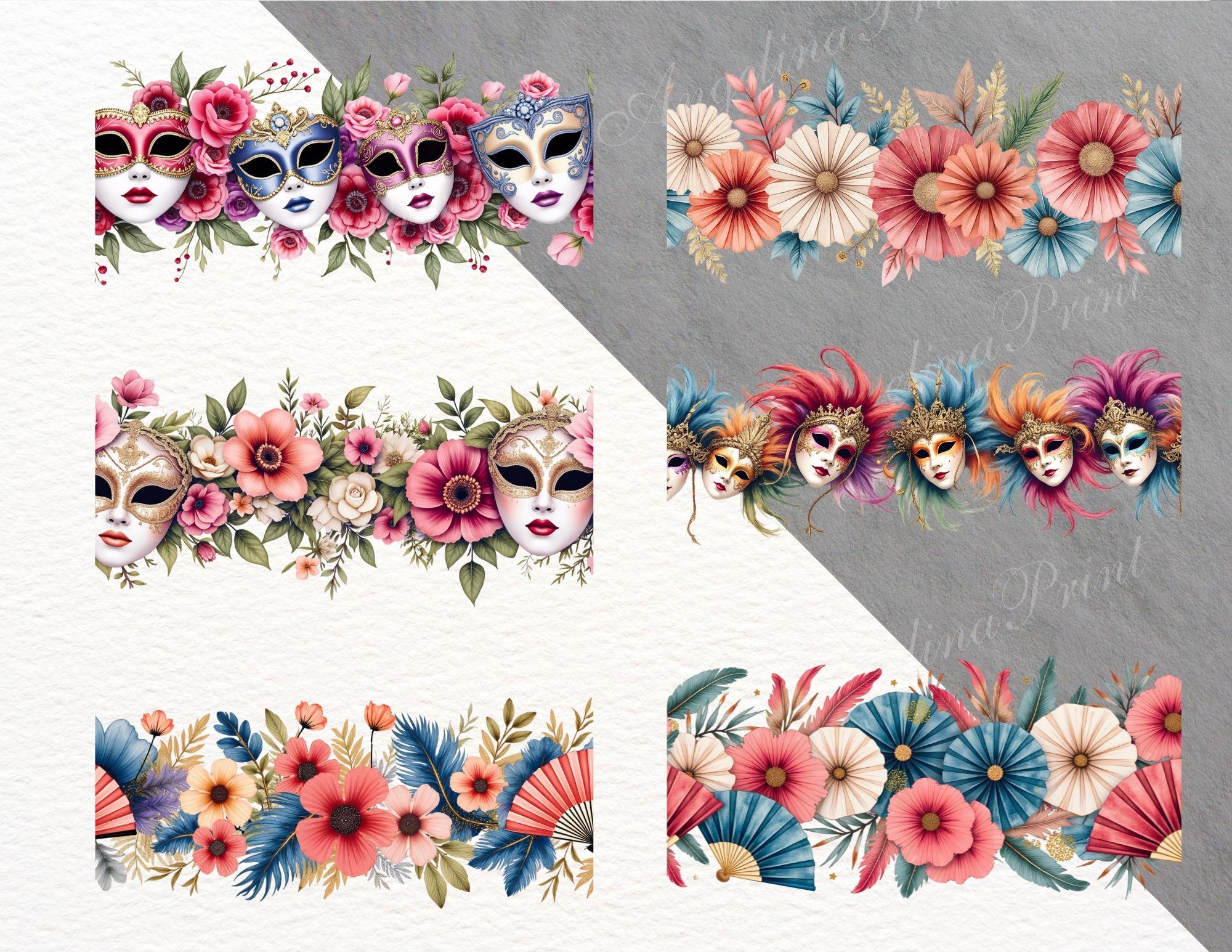 12 Venetian Carnival Seamless Borders | Masquerade Mask Floral Border ...