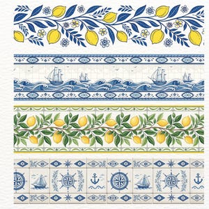 May include: Decorative border designs featuring lemons, nautical themes, and floral patterns. The designs include yellow lemons on green branches, blue and white nautical tiles with compasses and anchors, and sailing ships on wavy blue seas.