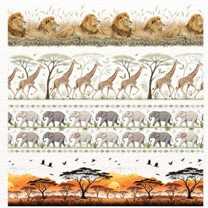 Könnte beinhalten: Aquarellillustrationen afrikanischer Wildtiere. Das Bild zeigt sich wiederholende Muster von Löwen im hohen Gras, Giraffen unter Bäumen, Elefanten und eine Sonnenuntergangsszene mit Akazienbäumen und Vögeln. Die Farbpalette umfasst Braun-, Grün- und Orangetöne.