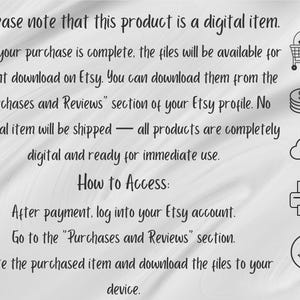 Puede incluir: Texto sobre un fondo blanco que indica que este producto es un art&iacute;culo digital, disponible para descarga instant&aacute;nea en Etsy despu&eacute;s de la compra. Se proporcionan instrucciones para acceder a los archivos a trav&eacute;s de la secci&oacute;n "Compras y Rese&ntilde;as" del perfil de Etsy. Incluye iconos de carrito de compras, dinero, nube, impresora y cara sonriente.