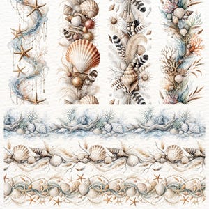 May include: Watercolor illustrations of beach-themed borders. The designs feature seashells, starfish, coral, and feathers in shades of beige, brown, blue, and gold. These decorative borders are perfect for scrapbooking, invitations, or other craft projects.
