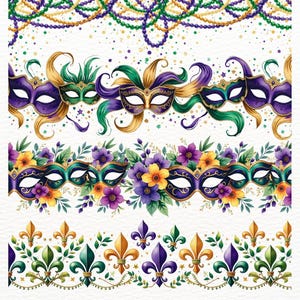 May include: Watercolor illustrations featuring Mardi Gras themes. The designs include decorative masks in purple, green, and gold, floral arrangements, and fleur-de-lis patterns. Strings of beads and confetti complete the festive look.