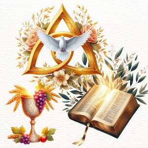Puede incluir: Ilustración en acuarela con un símbolo dorado de la Trinidad, una paloma blanca, elementos florales, un cáliz con uvas y una Biblia abierta que irradia luz. La obra tiene un tema religioso y un estilo artístico suave.