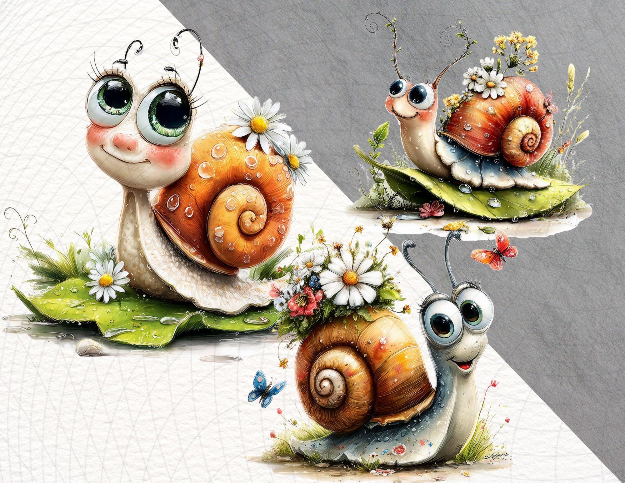 14 Cute Snail Clipart | Whimsical Garden Snails PNG | Floral Snail ...