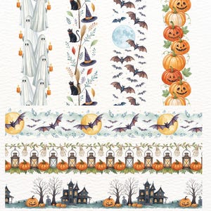 May include: A collection of Halloween-themed washi tape designs. The designs include ghosts, black cats with witch hats, bats with a full moon, carved pumpkins, and haunted houses. The color palette features orange, black, white, and green.