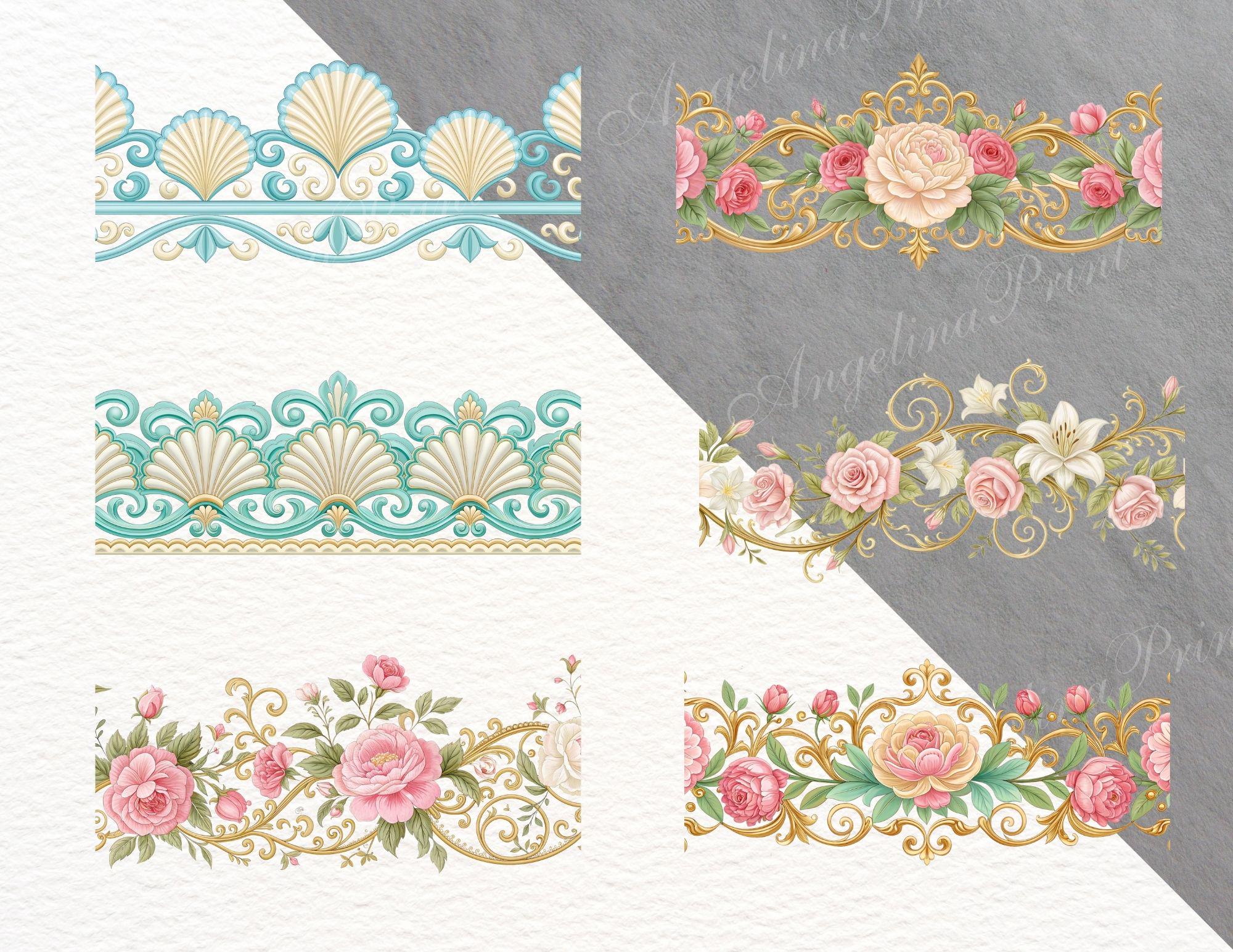 24 Seamless Rococo Borders, Floral Rococo Clipart, Elegant Vintage ...