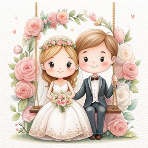 May include: Watercolor illustration of a bride and groom on a swing, surrounded by pink and white roses. The bride wears a white wedding dress and veil, holding a bouquet. The groom wears a dark suit and bow tie. The background is a soft, light color.