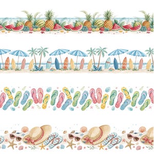 Bordes de playa sin costuras de Hola Verano: clipart de acuarela de la orilla del océano, borde marino PNG, clipart de playa, borde sin costuras, clipart del océano