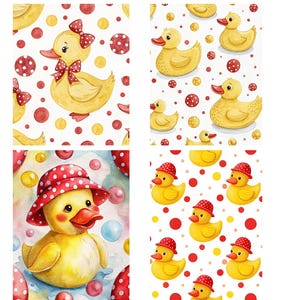 Nahtloses Muster mit süßen Entenküken, gelben Enten in Polka Dots, digitales Papier mit Enten, Schleifen und Hüten, süßes Entenküken nahtloses Papier