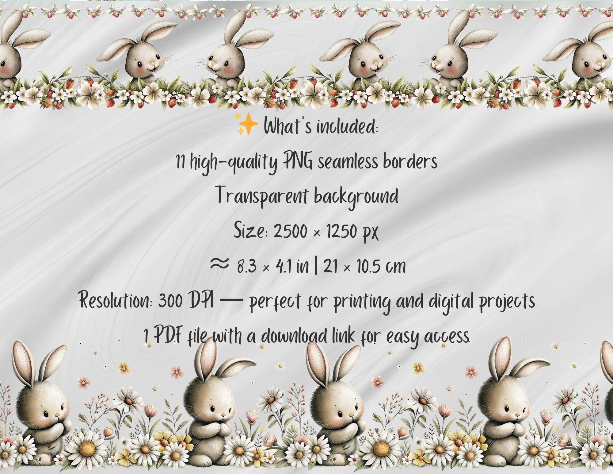 Flower Rabbit Border 11 Seamless Bunny Borders Clipart | Cute Baby Rabbits in Flowers ...