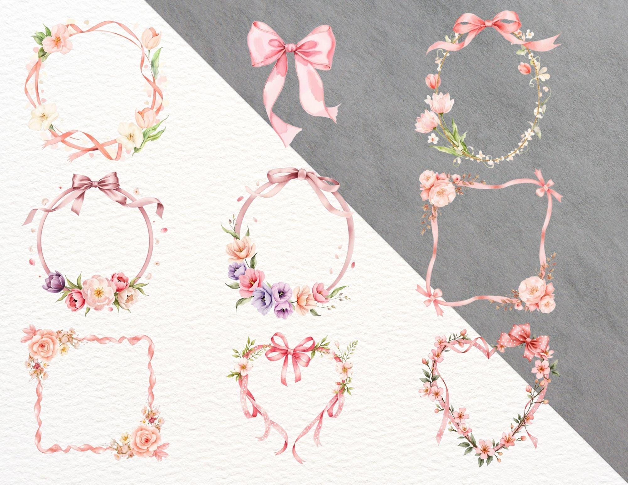 Pink Ribbon , Bow Clipart Set – 26 Watercolor Pink Floral Frames ...