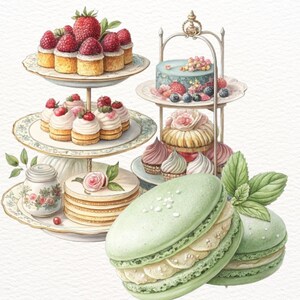 Französisches Dessert Clipart – 22 Aquarell-Süßigkeiten-Illustrationen, Macarons, Eclairs, Tarts PNG, französisches Gebäck, Bäckerei Clipart, Kuchen Aquarell
