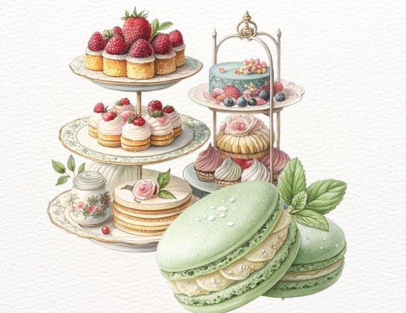 French Dessert Clipart – 21 Watercolor Sweets Illustrations, Macarons, Eclairs, Tarts PNG, French Pastry, bakery clipart,  cake watercolor