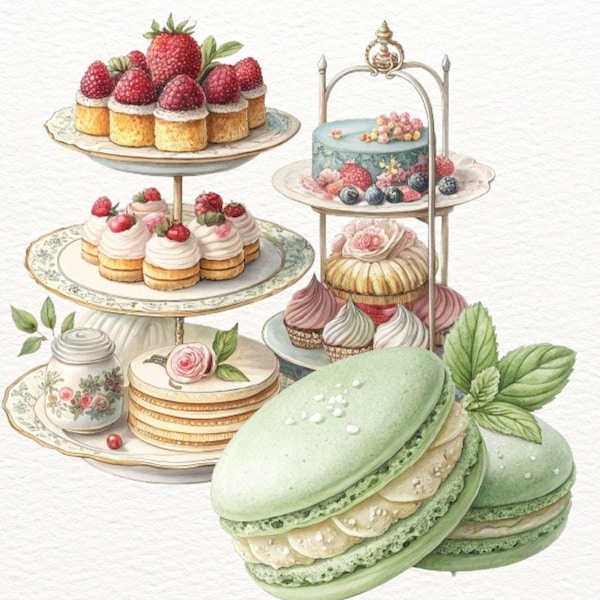 French Dessert Clipart – 21 Watercolor Sweets Illustrations, Macarons, Eclairs, Tarts PNG, French Pastry, bakery clipart, cake watercolor