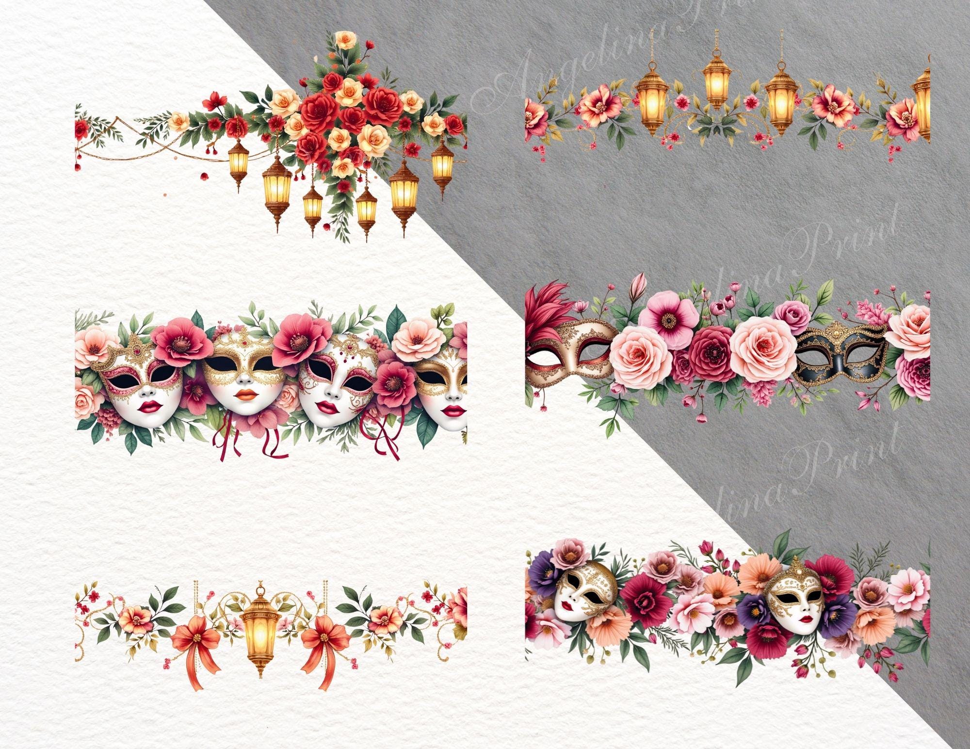 12 Venetian Carnival Seamless Borders | Masquerade Mask Floral Border ...