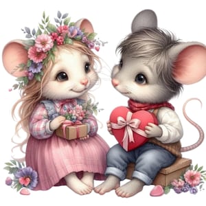 15 imágenes prediseñadas de acuarela ratones de amor, Día de San Valentín, romance, ratones lindos, PNG, fondo transparente