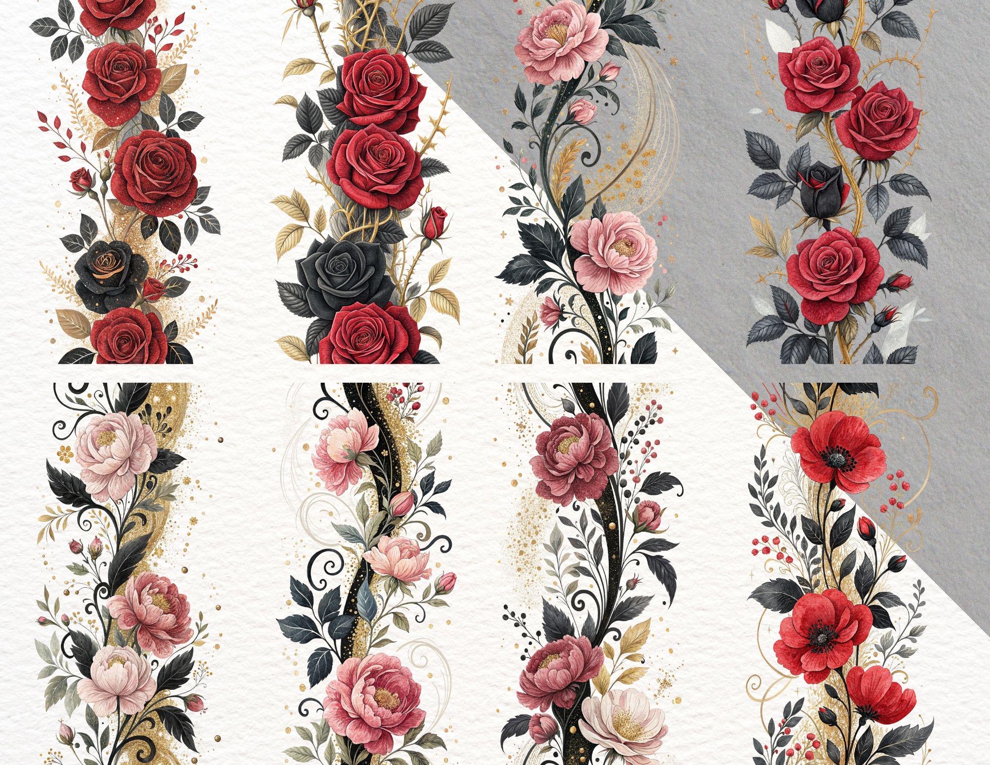 15 Vertical Floral Borders Clipart | Rose & Peony Flower Border PNG ...