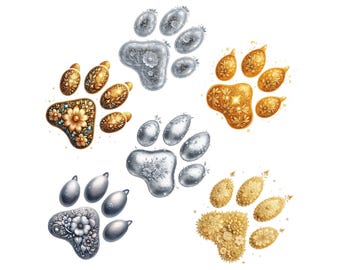 May include: Six ornate paw prints in gold, silver, and white with intricate floral designs. The paw prints are arranged in a circular pattern on a white background.