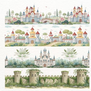 May include: Watercolour illustrations of fairytale castles and castle walls. The castles feature colourful turrets, arched bridges, and lush greenery. The castle walls are made of stone and covered in ivy.