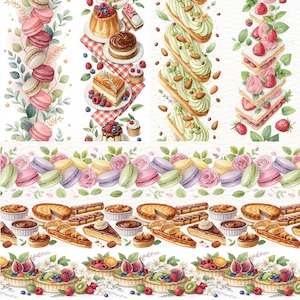 22 bordi di dessert senza soluzione di continuità ad acquerello - Clipart di dolci francesi, macaron, éclair, crostate, clipart PNG culinarie, bordi orizzontali e verticali