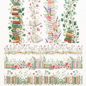 May include: Watercolor illustrations of books and floral elements. The image features stacks of books, open books, and rows of books, adorned with flowers and greenery. The color palette includes greens, pinks, and browns, creating a whimsical and artistic design.