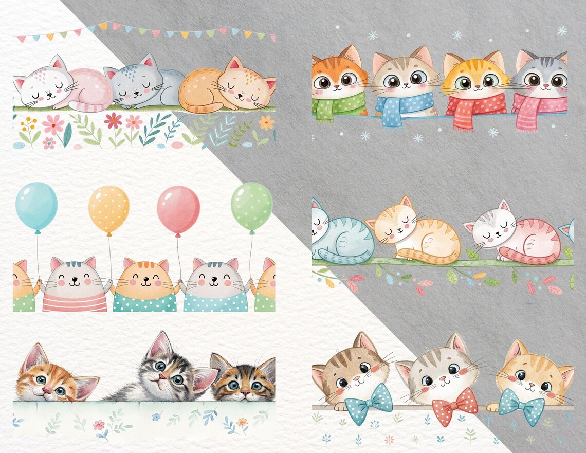 19 Seamless Cat Borders PNG | Cute Kitty Clipart | Horizontal Cat Edge ...