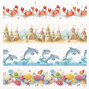 May include: Watercolor illustrations of marine life. The image features repeating patterns of crabs, sandcastles, dolphins, and seashells. The crabs are red, the sandcastles are tan with pink and yellow accents, the dolphins are gray, and the seashells are colorful.