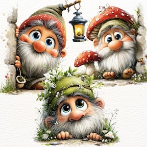 May include: A watercolour illustration featuring three cartoon gnomes. One gnome peeps from behind a stone wall, another sits under a mushroom, and the third peeps from the grass. Each gnome has a long white beard, rosy cheeks, and a whimsical expression.