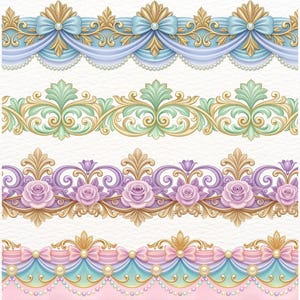 Puede incluir: Cuatro diseños de bordes decorativos en colores pastel. El borde superior presenta lazos y cortinas azules con detalles dorados. El segundo borde tiene volutas verdes y doradas. El tercer borde tiene rosas moradas y detalles dorados. El borde inferior tiene cortinas rosas y azules.