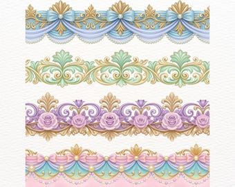 34 Seamless Rococo Borders PNG | Floral Rococo Clipart | Elegant Vintage Baroque Frame with Flowers, Shells, Pearls